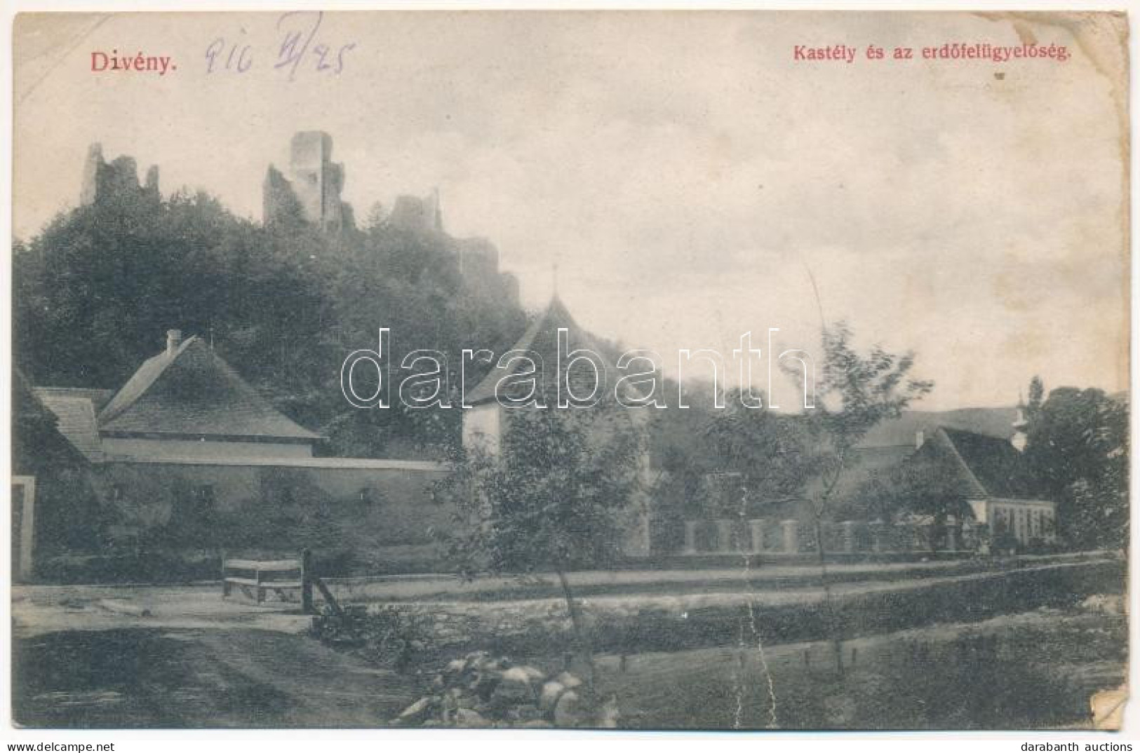 T3/T4 1916 Divény, Diwein, Divín; Kastély és Erdőfelügyelőség, Várrom / Castles, Forestry Office (fa) - Non Classés