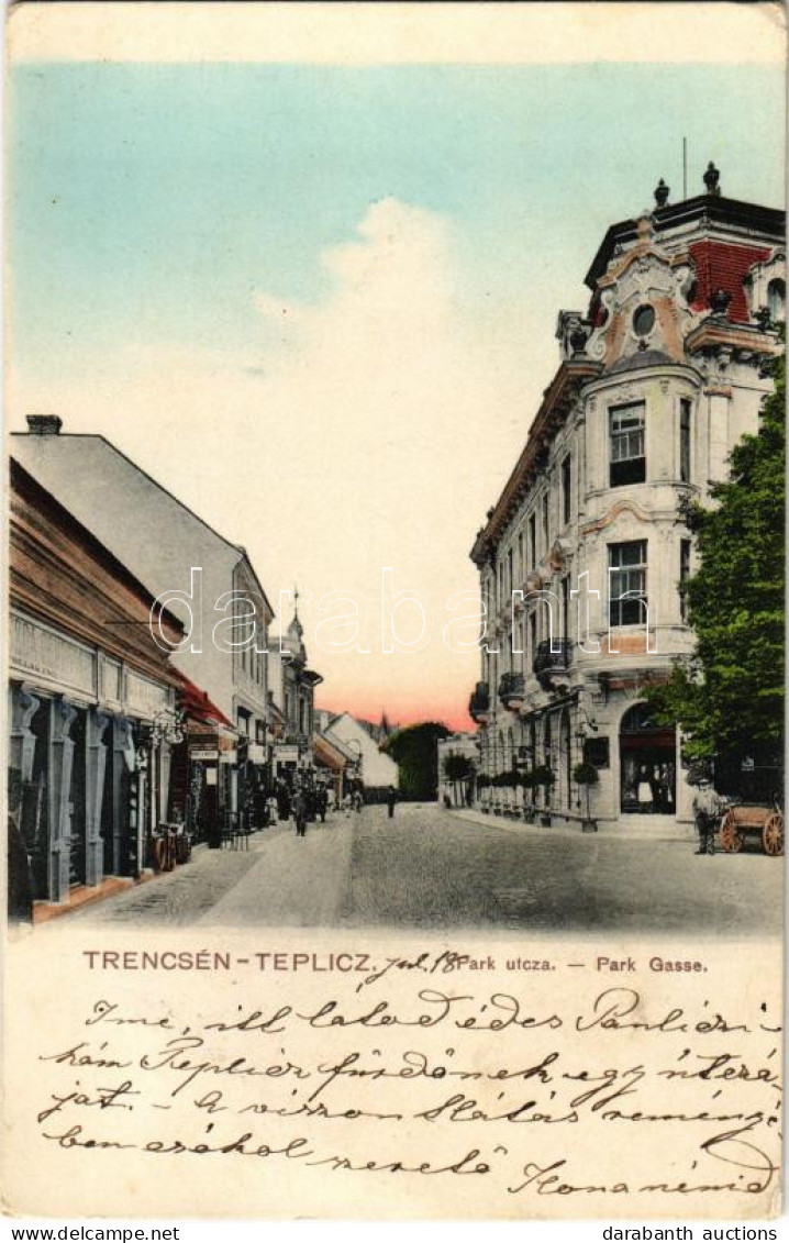 T2/T3 1906 Trencsénteplic, Trencianske Teplice; Park Utca, Pollák Emil üzlete / Park Gasse / Street View, Shops (EK) - Non Classés