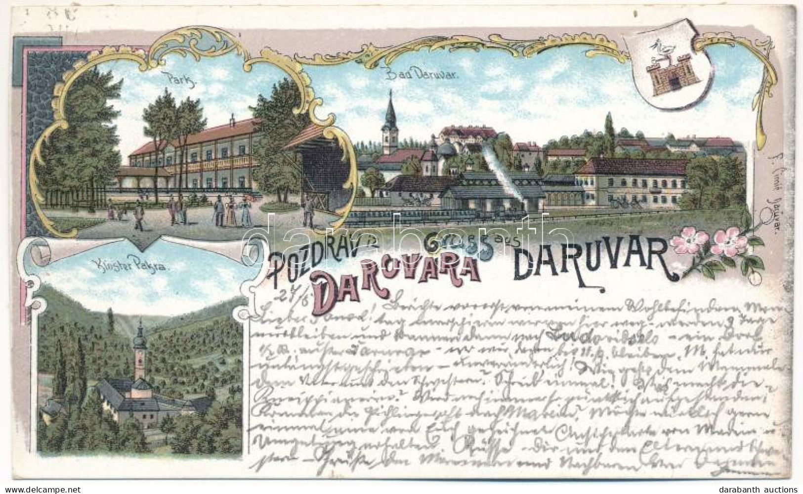 T4 1898 (Vorläufer) Daruvár, Daruvar; Park, Bad, Kloster Pakra / Fürdő, Park, Pakra Szerb Ortodox Kolostor, Címer / Park - Ohne Zuordnung