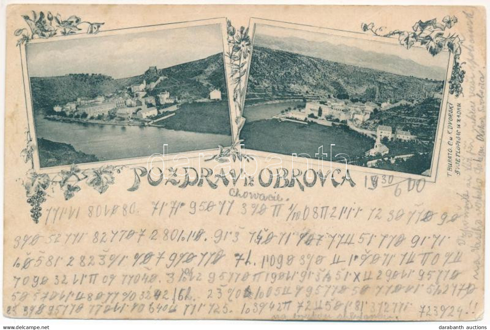 T3 1900 Obrovac, Obrovazzo; General View. Art Nouveau, Floral + Titkosírás / Cryptography (fa) - Ohne Zuordnung