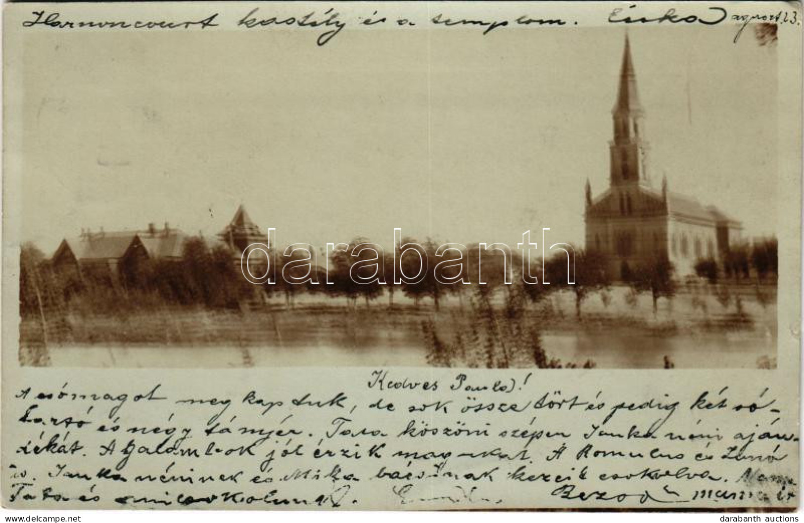 T2/T3 1902 Écska, Ecka; Gróf Harnoncourt Félix Kastély, Templom / Castle, Church. Photo (kis Szakadás / Small Tear) - Ohne Zuordnung