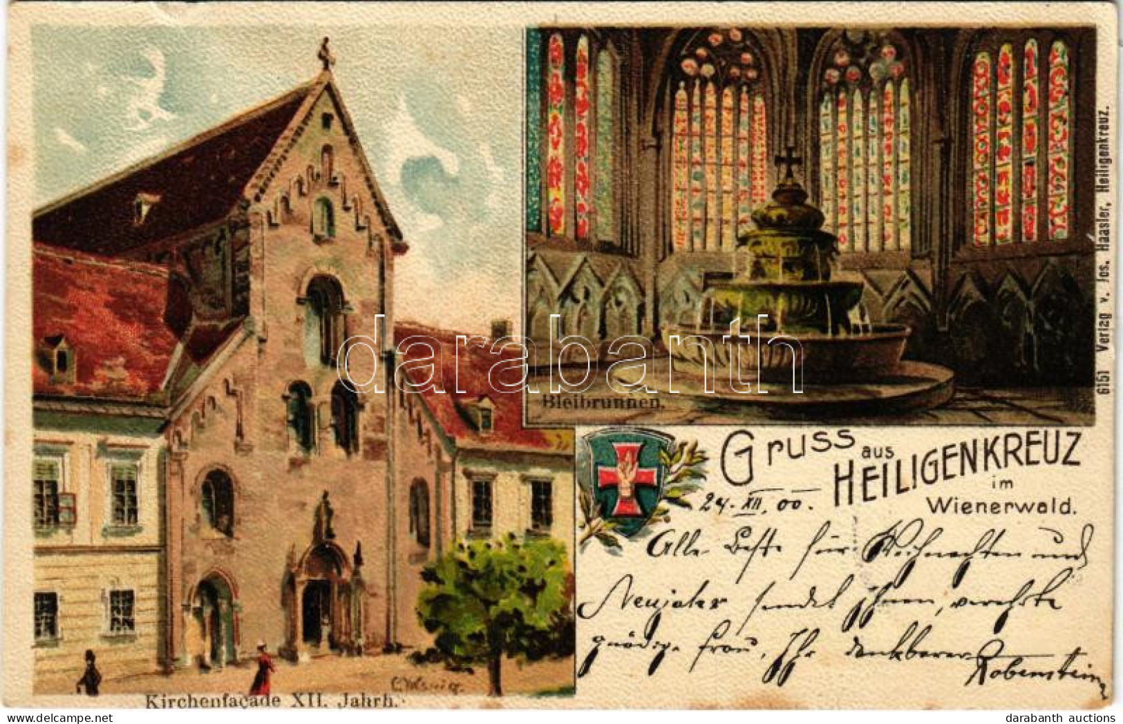 T2 1900 Heiligenkreuz I. Wienerwald, Kirchenfacade XII. Jahrh. Bleibrunnen / Church, Well. Art Nouveau, Litho - Ohne Zuordnung