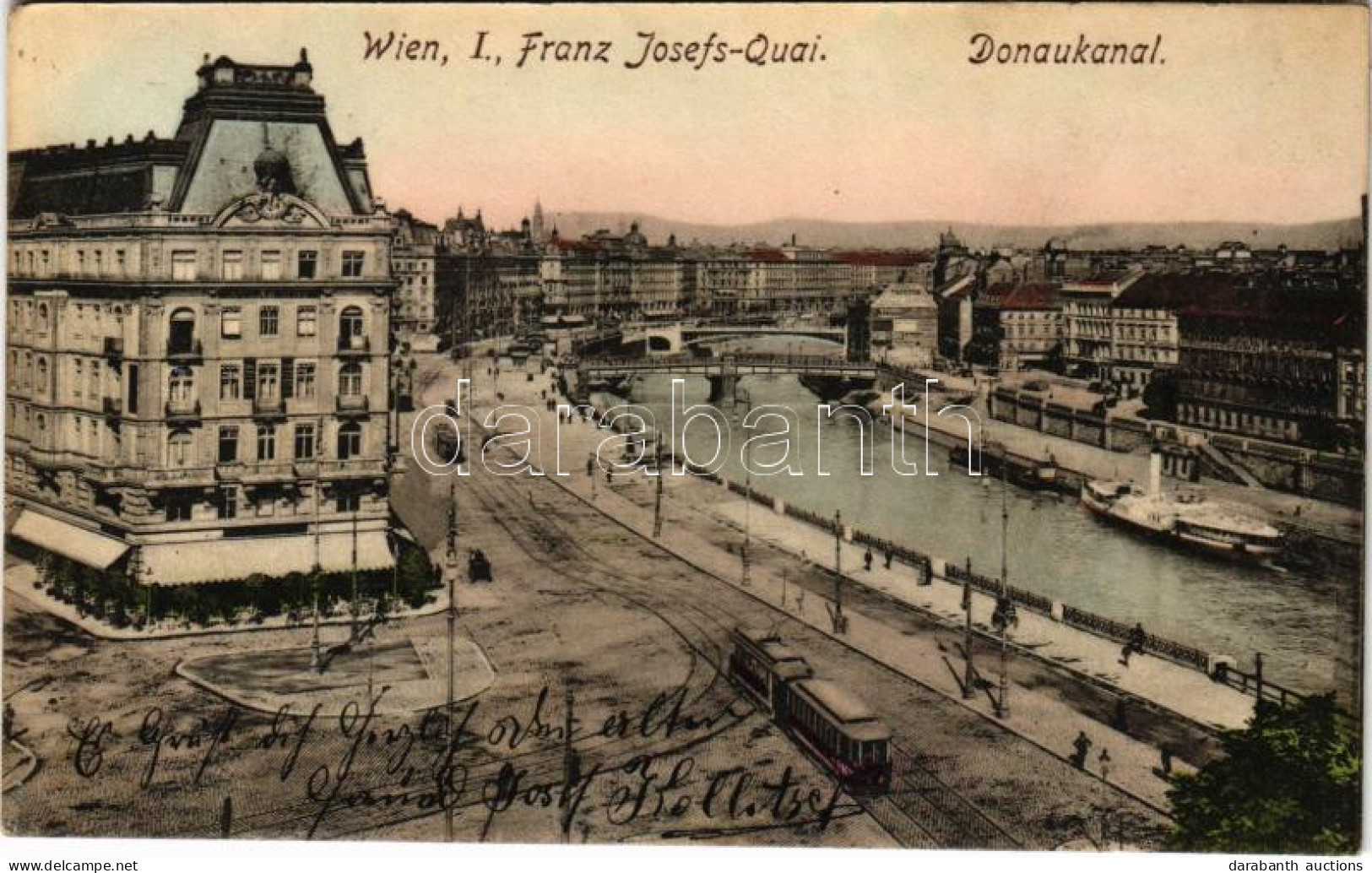 T2 1908 Wien, Vienna, Bécs I. Franz Josefs Quai, Donaukanal, Atlas Hof / Ferenc József Rakpart, Dunacsatorna, Villamos,  - Ohne Zuordnung