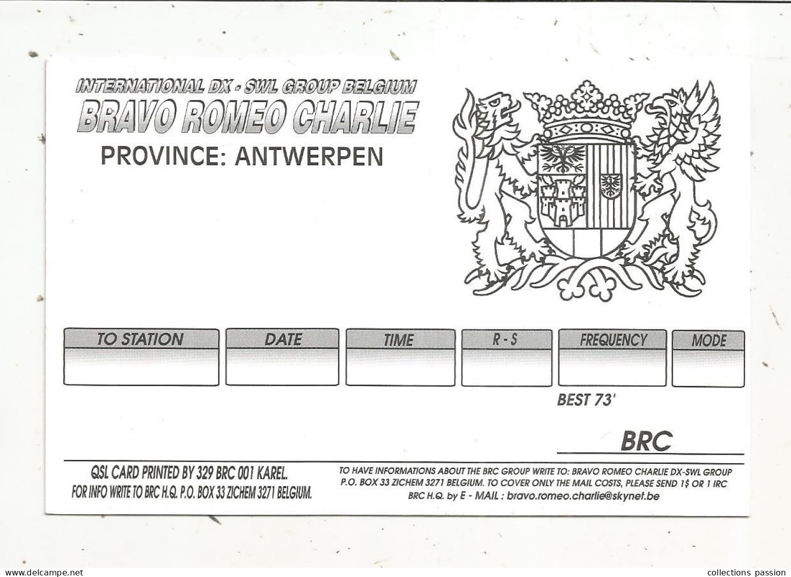 Cp , Carte QSL 4 Pages,  BRAVO ROMEO CHARLIE, International DX - SWL Group Belgium, ANTWERPEN, Blason,  2 Scans - Radio Amatoriale