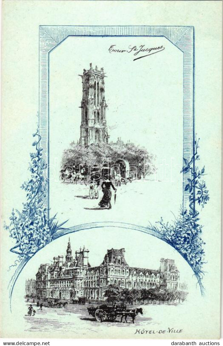 ** T1/T2 Paris, Tour Saint-Jacques, Hote De Ville / Tower And Town Hall. Art Nouveau, Floral - Non Classés