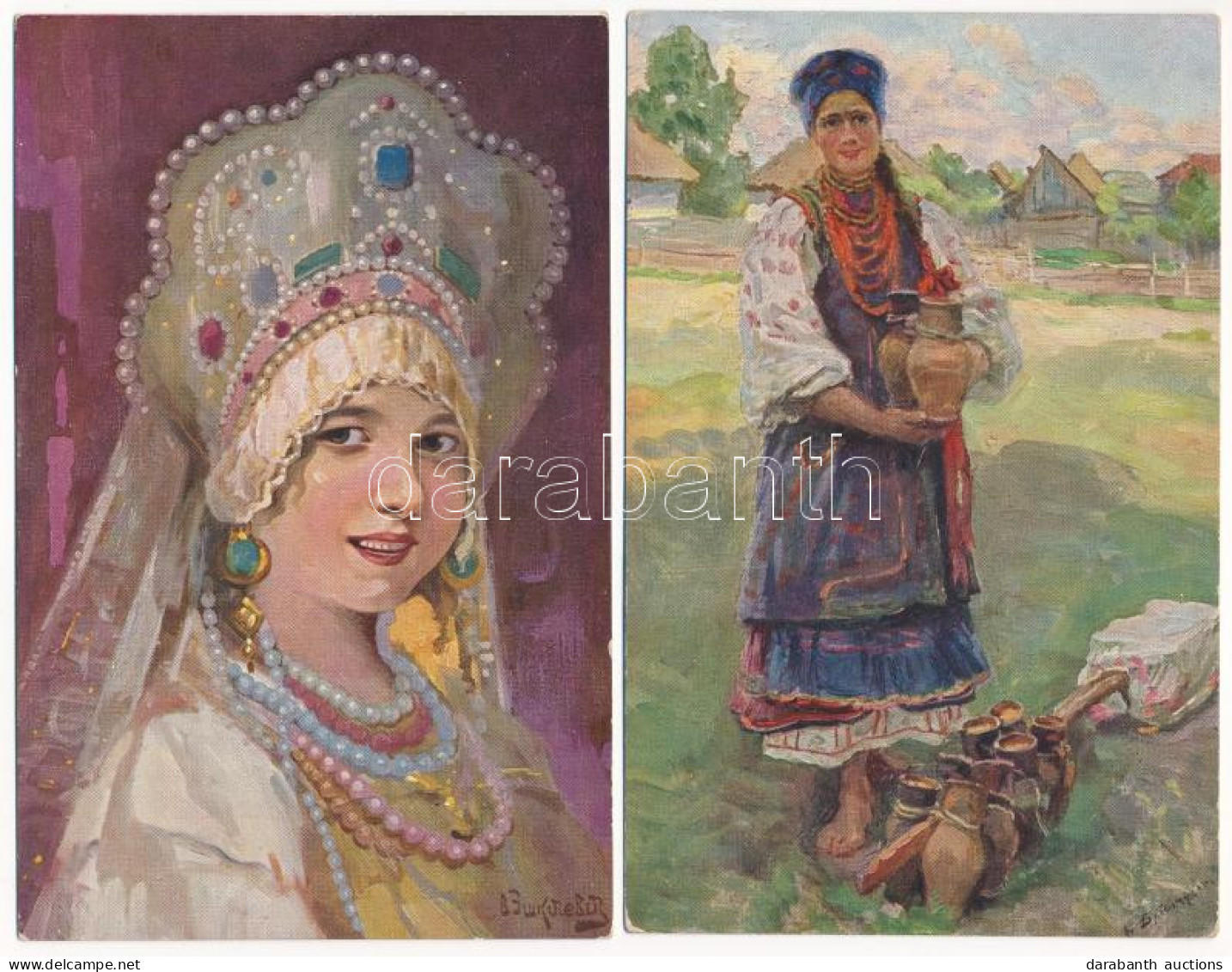 ** 4 Db Régi Orosz Népviseletes Művész Képeslap / 4 Pre-1945 Russian Folklore Art Postcards - Ohne Zuordnung
