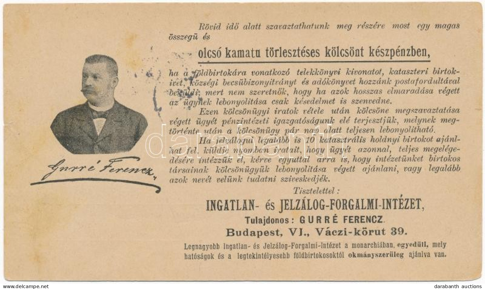 T3 1898 Gurré Ferenc, Az Ingatlan- és Jelzálog-Forgalmi-Intézet Tulajdonosa (EB) + 1 Filléres Díjszabás - Ohne Zuordnung