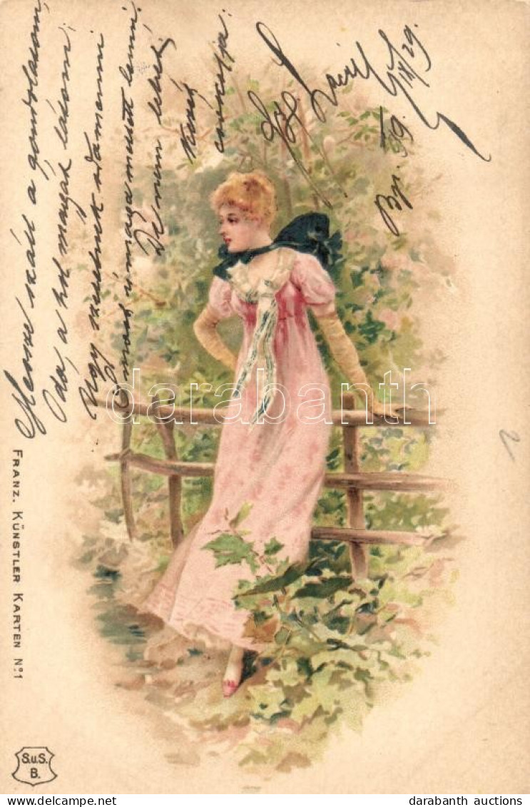 T2 1899 Lady Standing By The Fence, S.u.S.B. Franz. Künstler Karten No. 1, Litho (EK) - Ohne Zuordnung