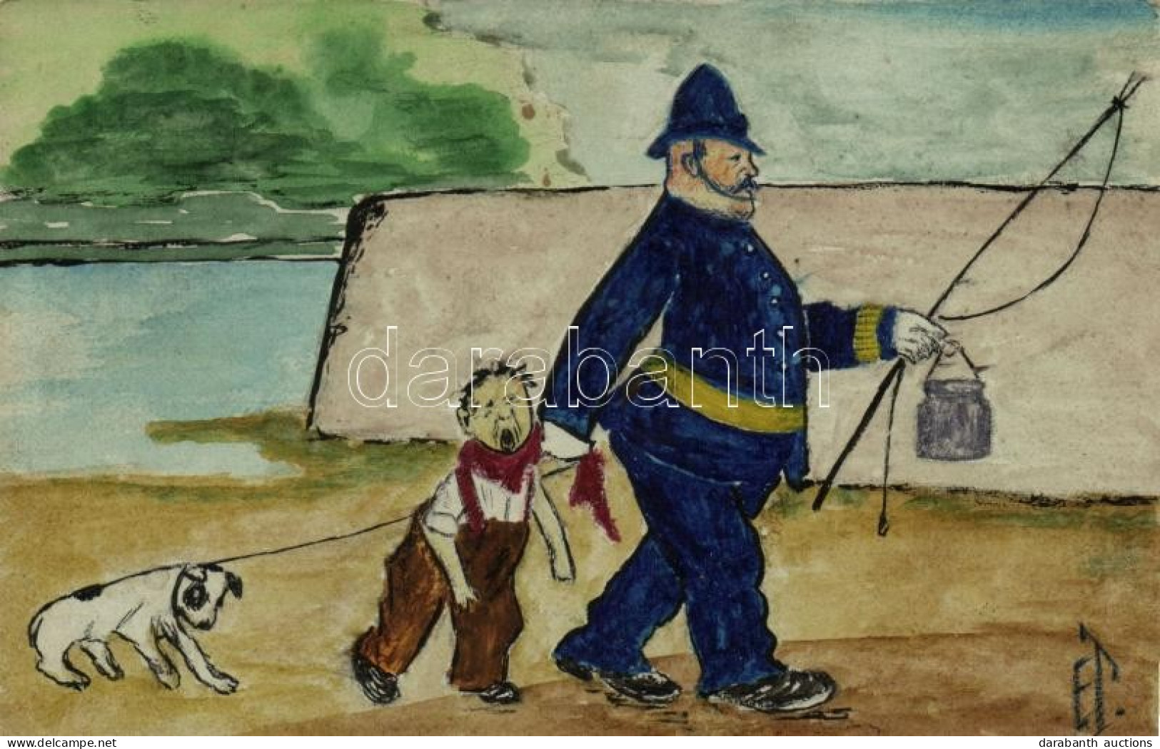 T3/T4 Hand-painted Postcard, Gendarme With Boy, Humour S: E.T. (wet Damage) - Non Classificati