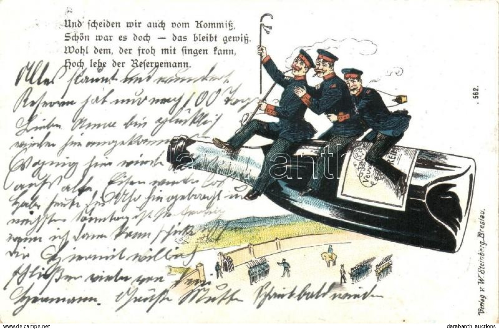 T2/T3 WWI German Soldiers Riding A Glass Of Champgane, Humour, Litho - Ohne Zuordnung