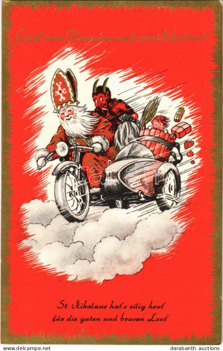 T2 1961 Gruss Vom Krampus Und Vom Nikolas / Krampusz és Mikulás Motobiciklin / Krampus And Saint Nicholas In Motorbike - Ohne Zuordnung