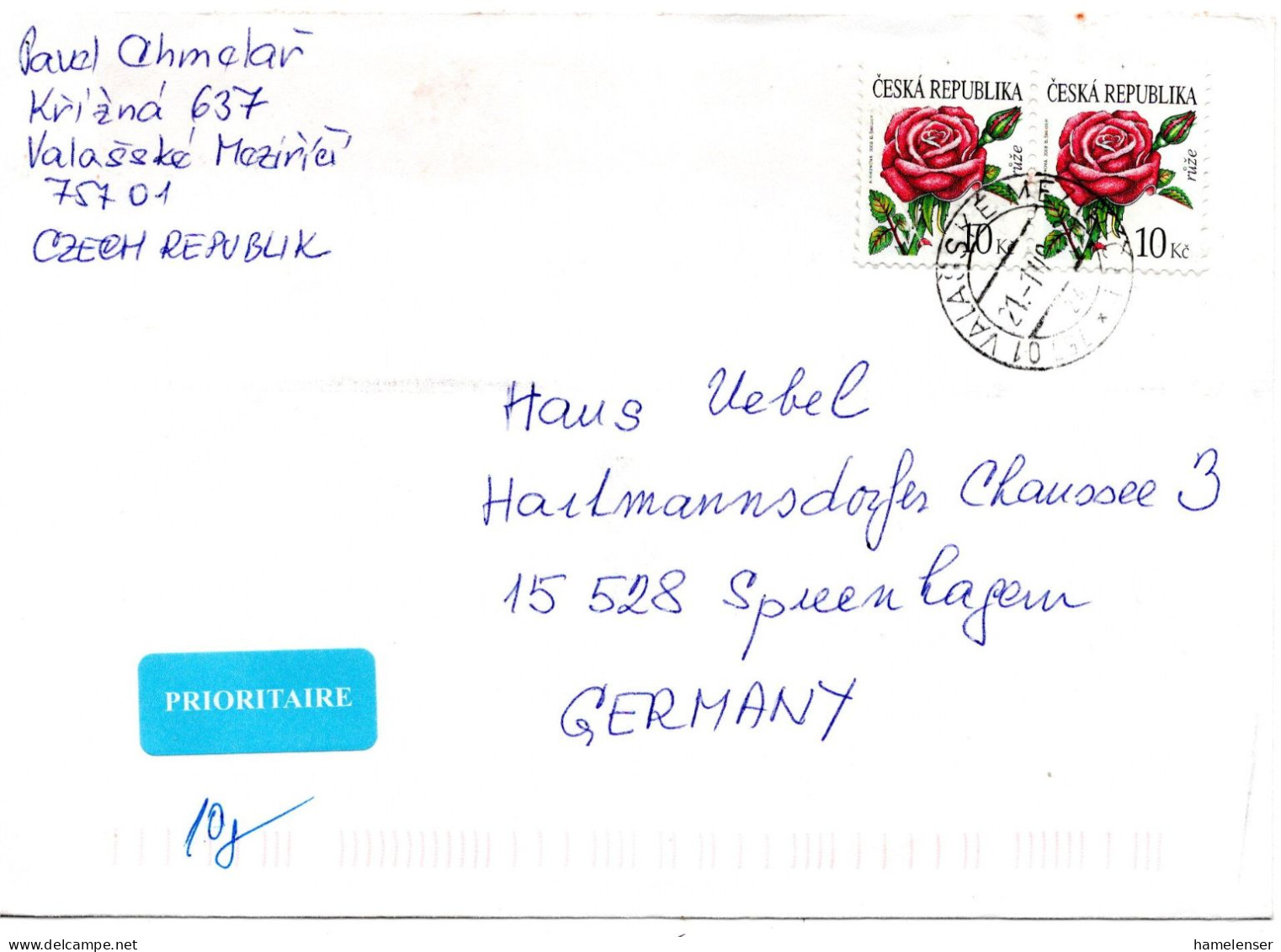 61180 - Tschechische Republik - 2009 - 2@10Kc Rose A Bf VALASSKE MESIRICI -> Deutschland - Rosen