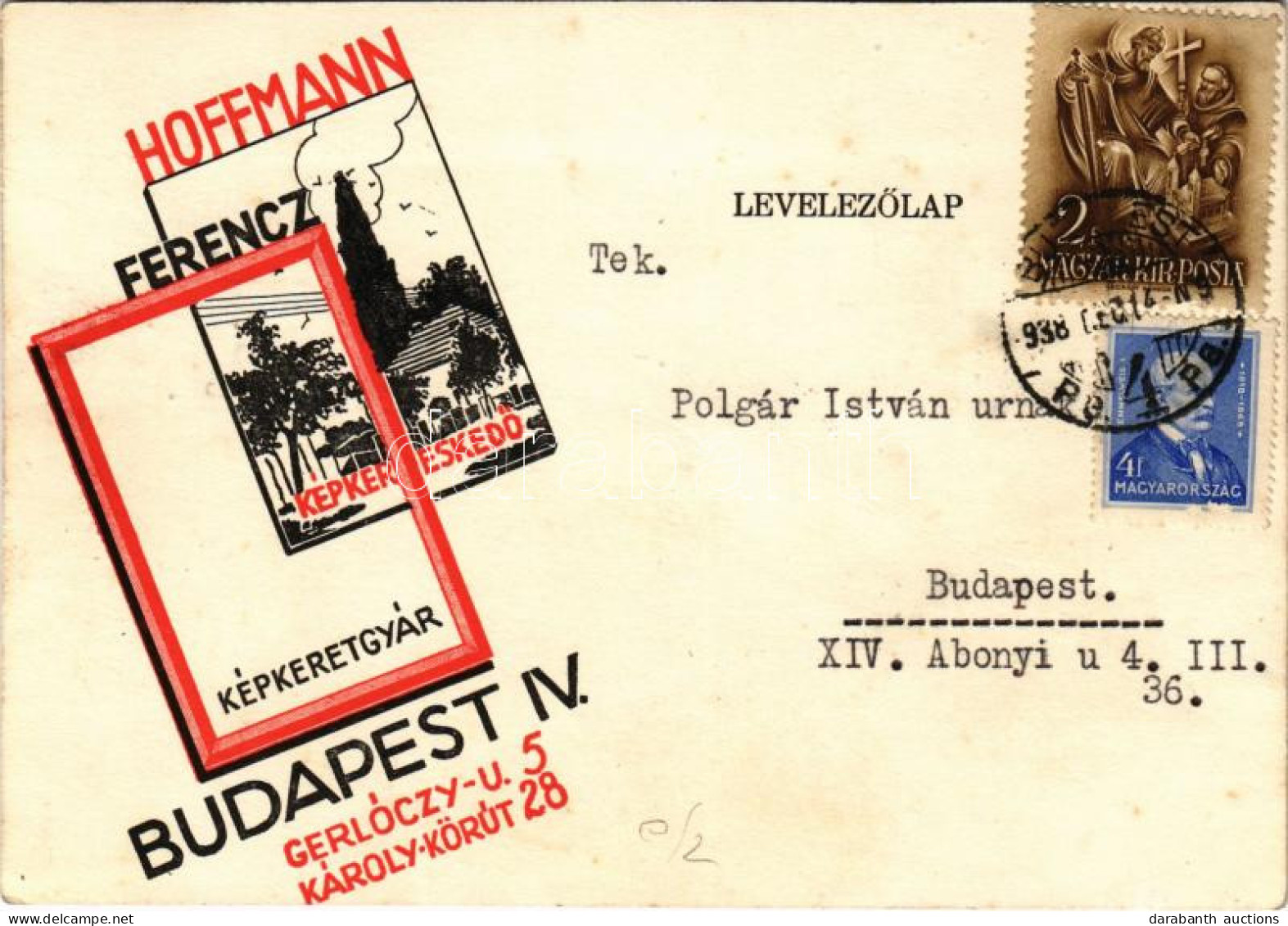 T2/T3 1938 Hoffmann Ferenc Képkereskedő és Képkeretgyár Reklámja. Budapest, Gerlóczy U. 5. (EK) - Ohne Zuordnung