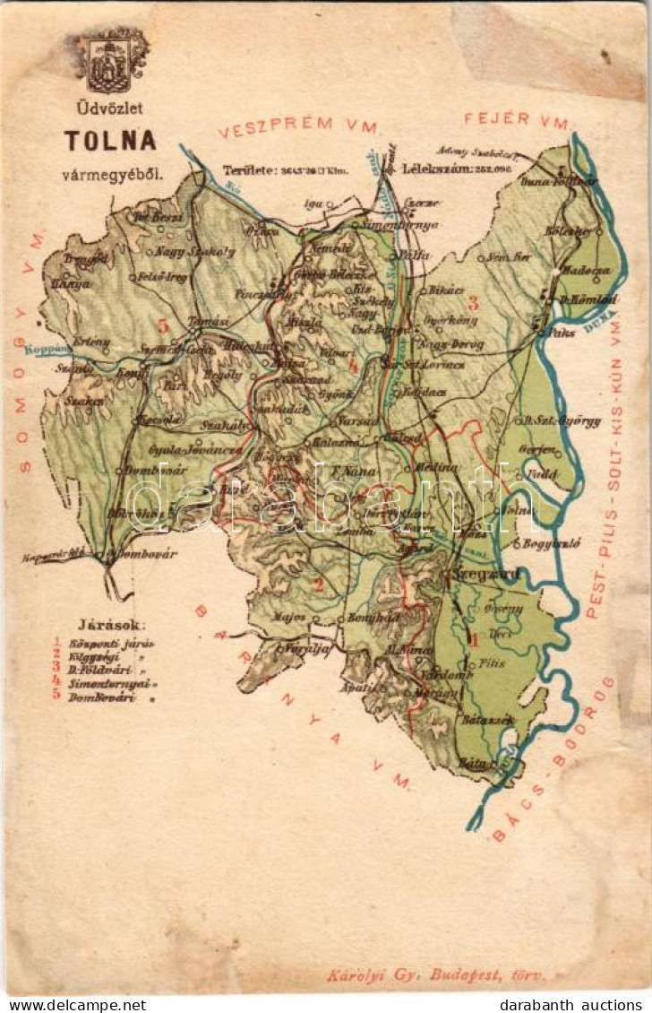 ** T4 Tolna Vármegye Térképe. Károlyi Gy. Kiadása / Map Of Tolna County (r) - Sin Clasificación