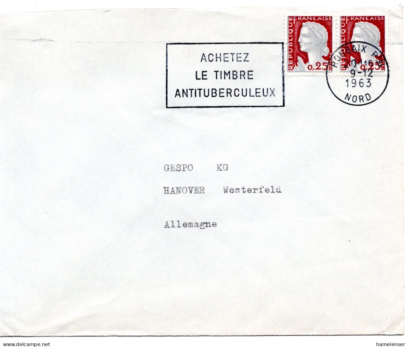 61182 - Frankreich - 1963 - 2@25c Marianne A Bf ROUBAIX - ACHETEZ LE TIMBRE ANTITUBERCULEUX -> Westdeutschland - Maladies