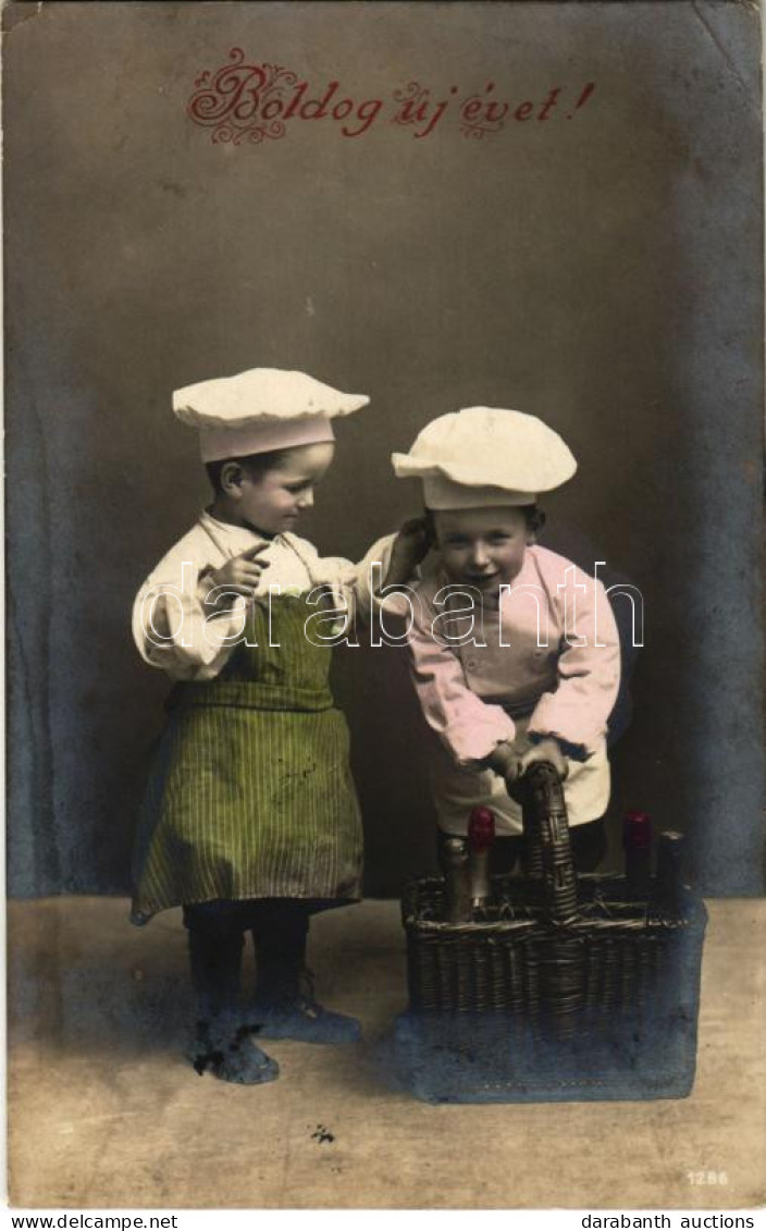 T2/T3 1918 Boldog új évet! Gyerekek Pezsgővel / New Year, Children With Champagne (EK) - Zonder Classificatie