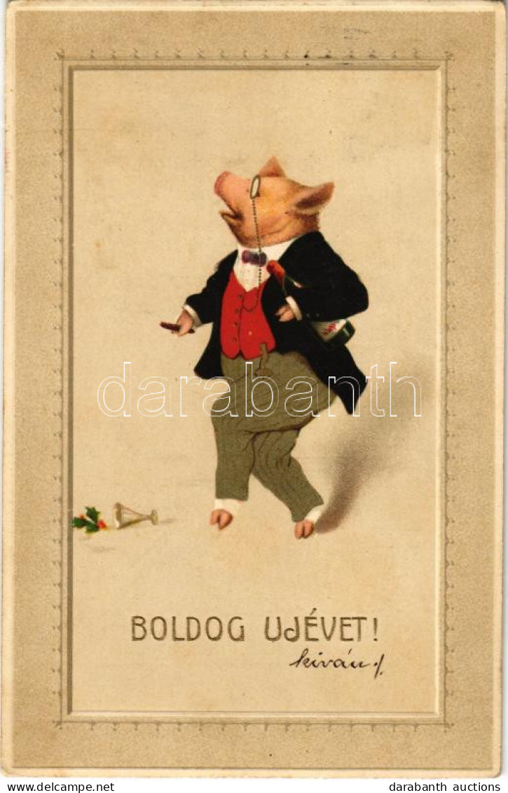 T2/T3 1912 Boldog Újévet / New Year Greeting Art Postcard With Pig Gentleman, Champagne And Cigar - Unclassified