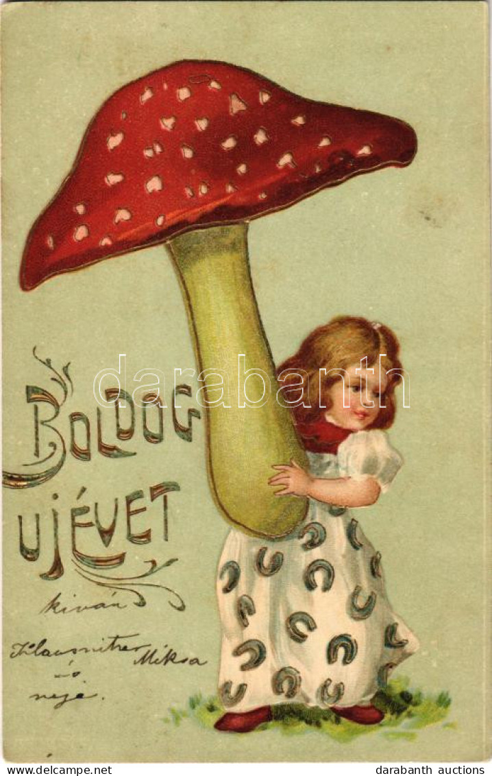 T2/T3 1906 Boldog újévet! Kislány Gombával - Dombornyomott / New Year Greeting, Girl With Mushroom - Embossed Litho (fl) - Sin Clasificación