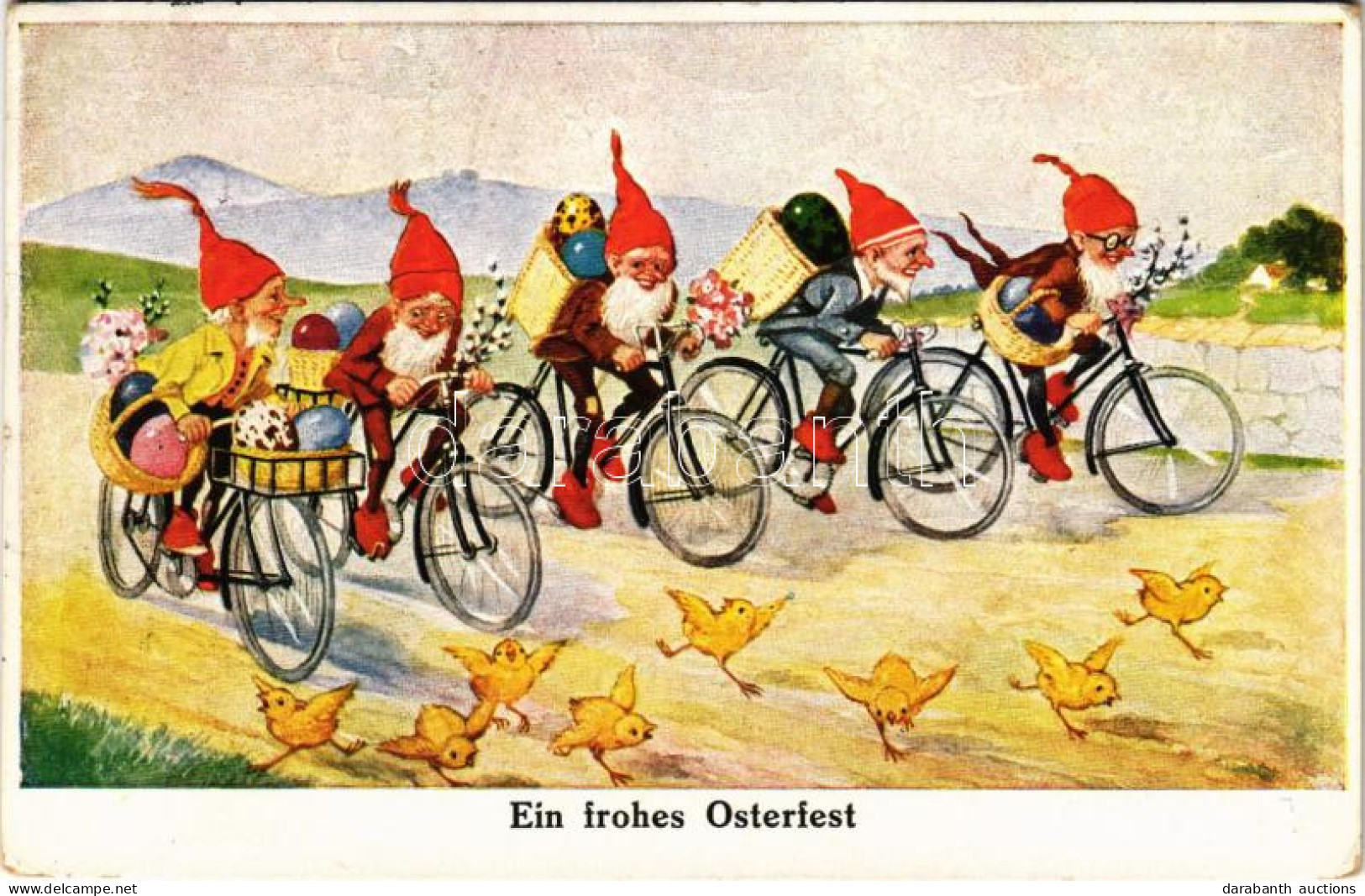 T2/T3 1930 Ein Frohes Osterfest / Boldog Húsvéti ünnepeket! Kerékpáros Törpök / Easter Greeting, Cycling Dwarves On Bicy - Non Classés