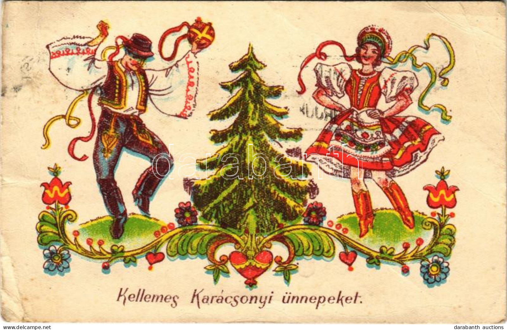 T3/T4 1950 Kellemes Karácsonyi ünnepeket! Magyar Néptánc / Christmas Greeting, Hungarian Folklore (gyűrődések / Creases) - Non Classificati