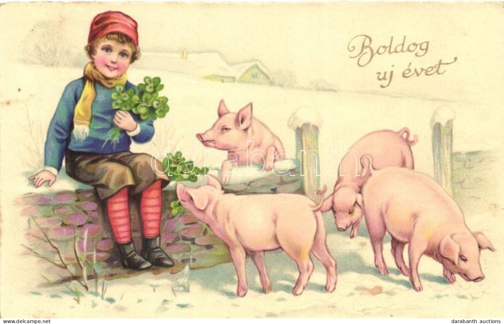 T2 New Year, Boy, Pigs, Clover, Amag 4054. Litho - Sin Clasificación