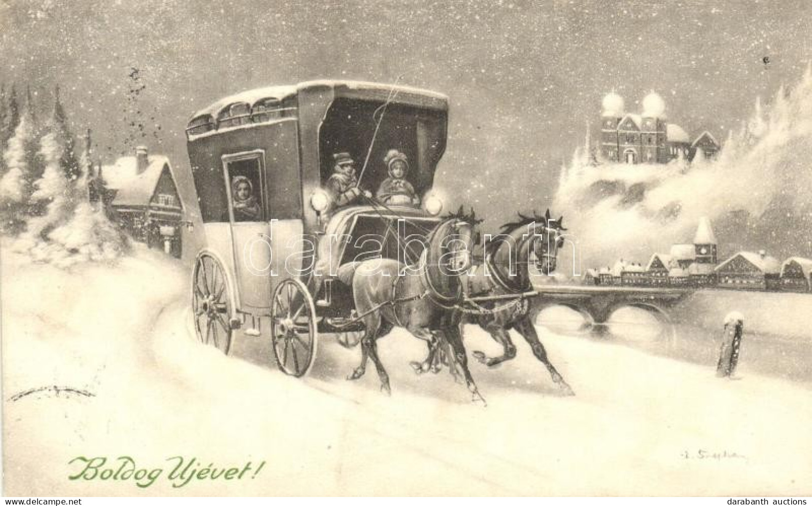 * T2 'Boldog Újévet!' / New Year, Horse Carriage With Winter Town In Background, P.T.L. Art De Vienne, Artist Signed - Non Classificati