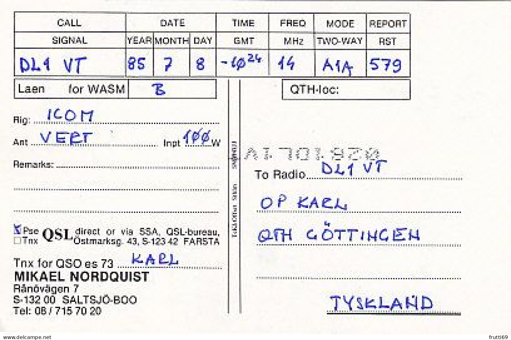 AK 185239 QSL - Sweden - Saltsjö-Boo - Radio Amateur