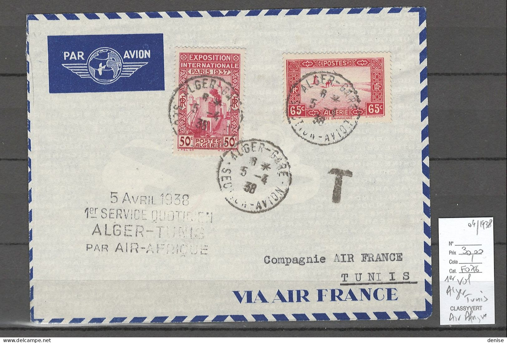Algerie - 1er Vol Alger - Tunis - Air Afrique - 1938 - Luftpost