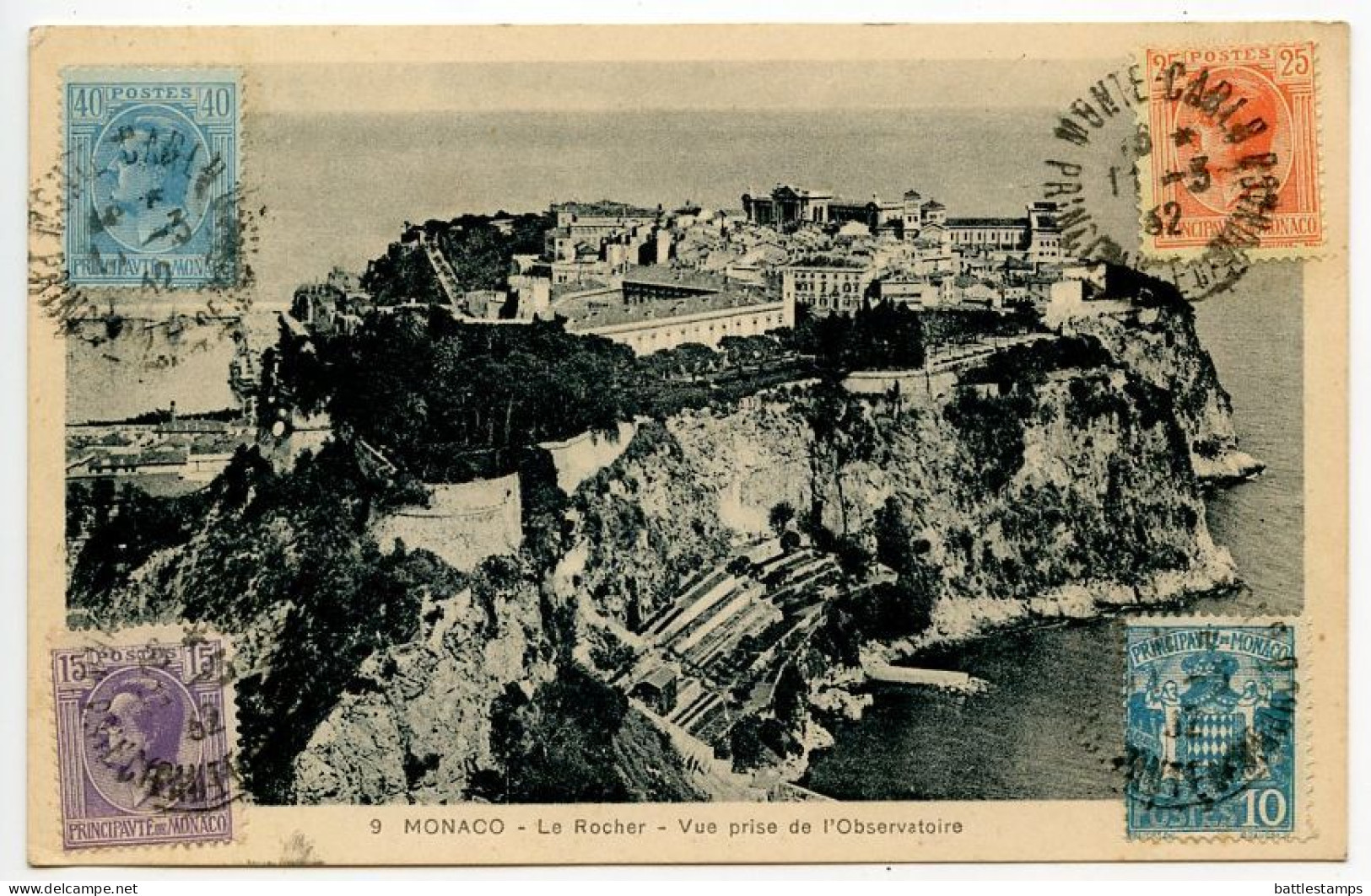 Monaco 1932 Postcard Le Rocher - Vue Prise De L'Observatoire; Scott 64, 66, 70, 73  - Arms & Prince Louis II - Lettres & Documents