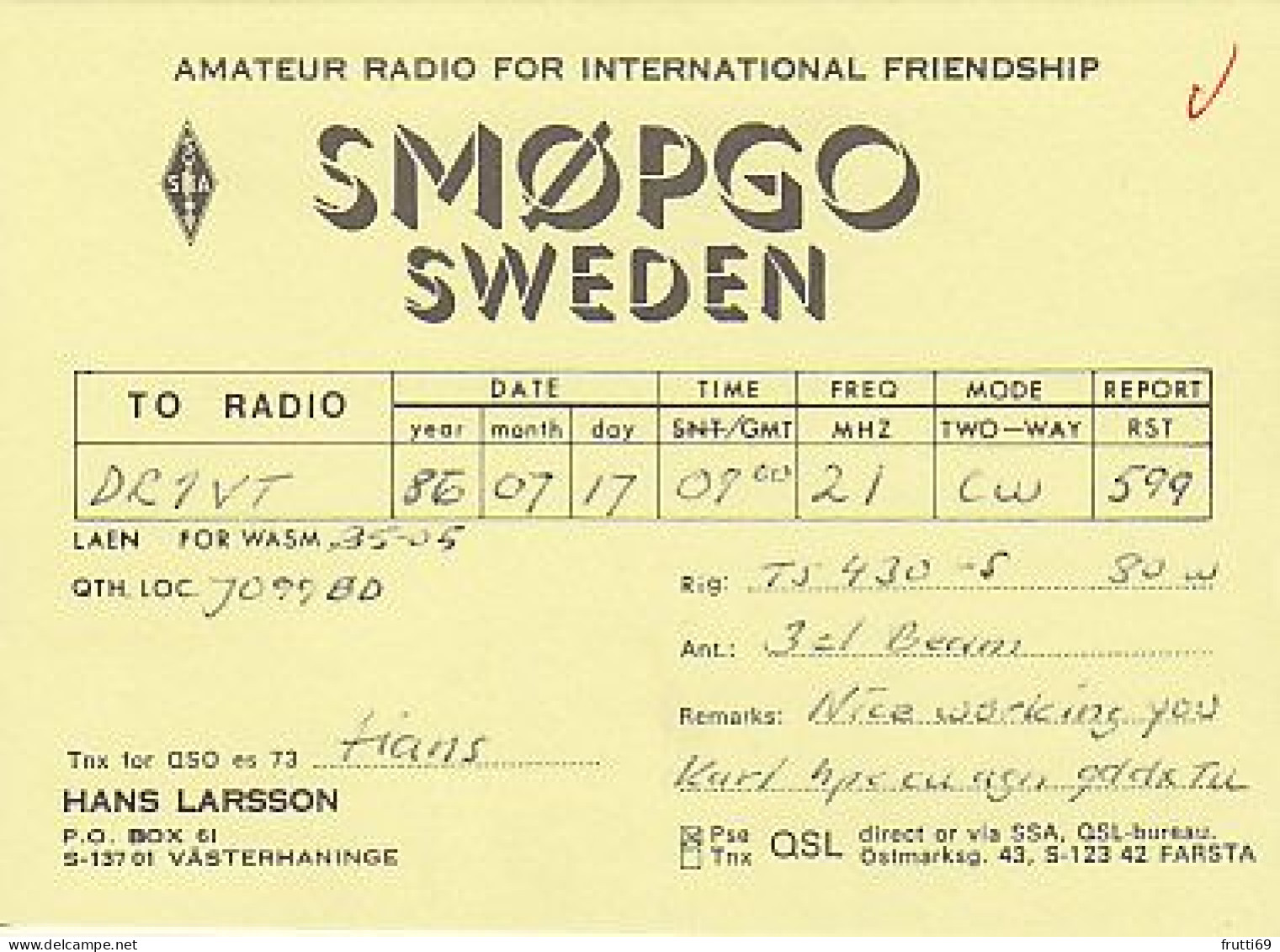 AK 185241 QSL - Sweden - Västerhaninge - Radio Amateur