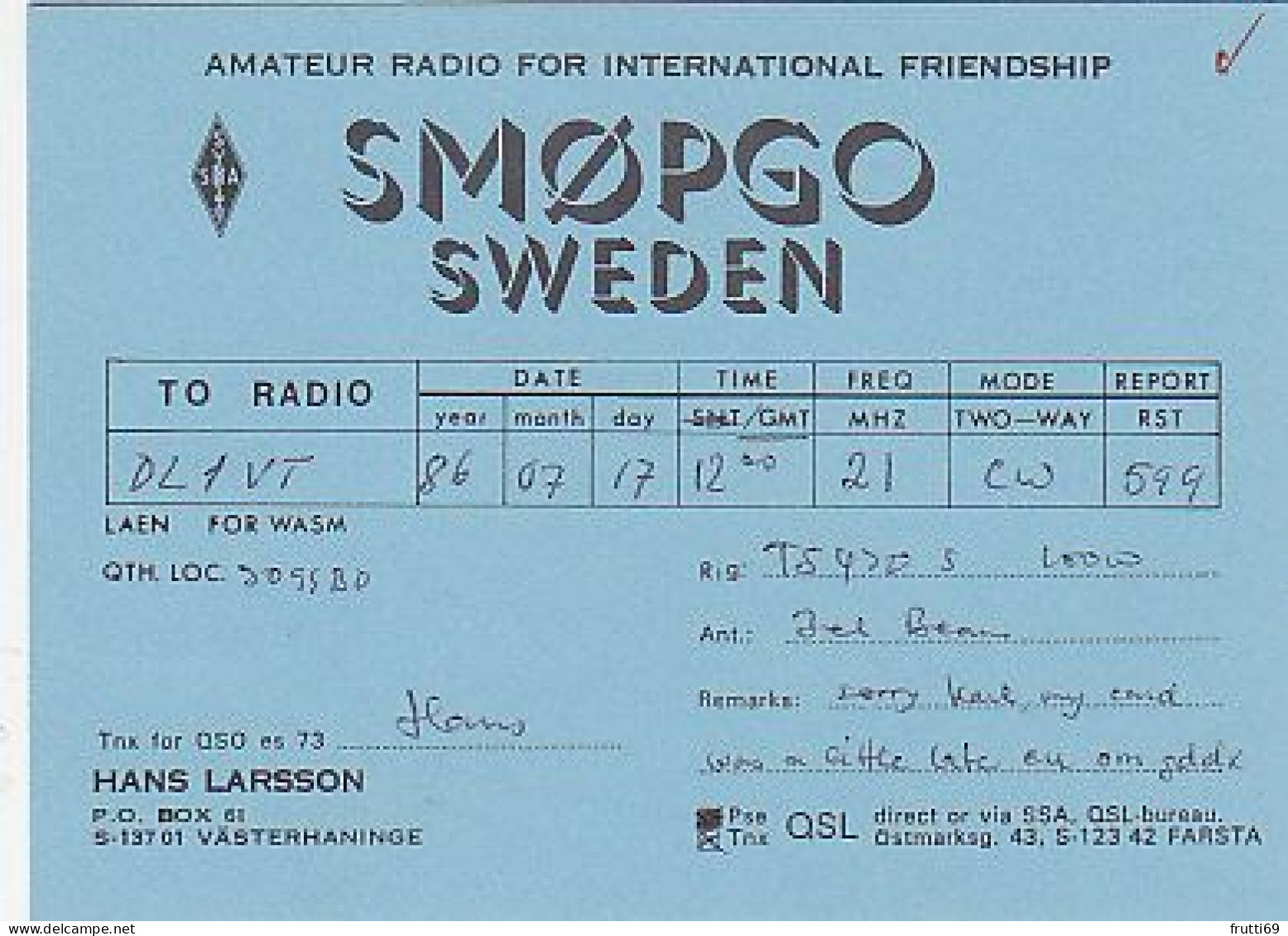 AK 185242 QSL - Sweden - Västerhaninge - Radio Amateur