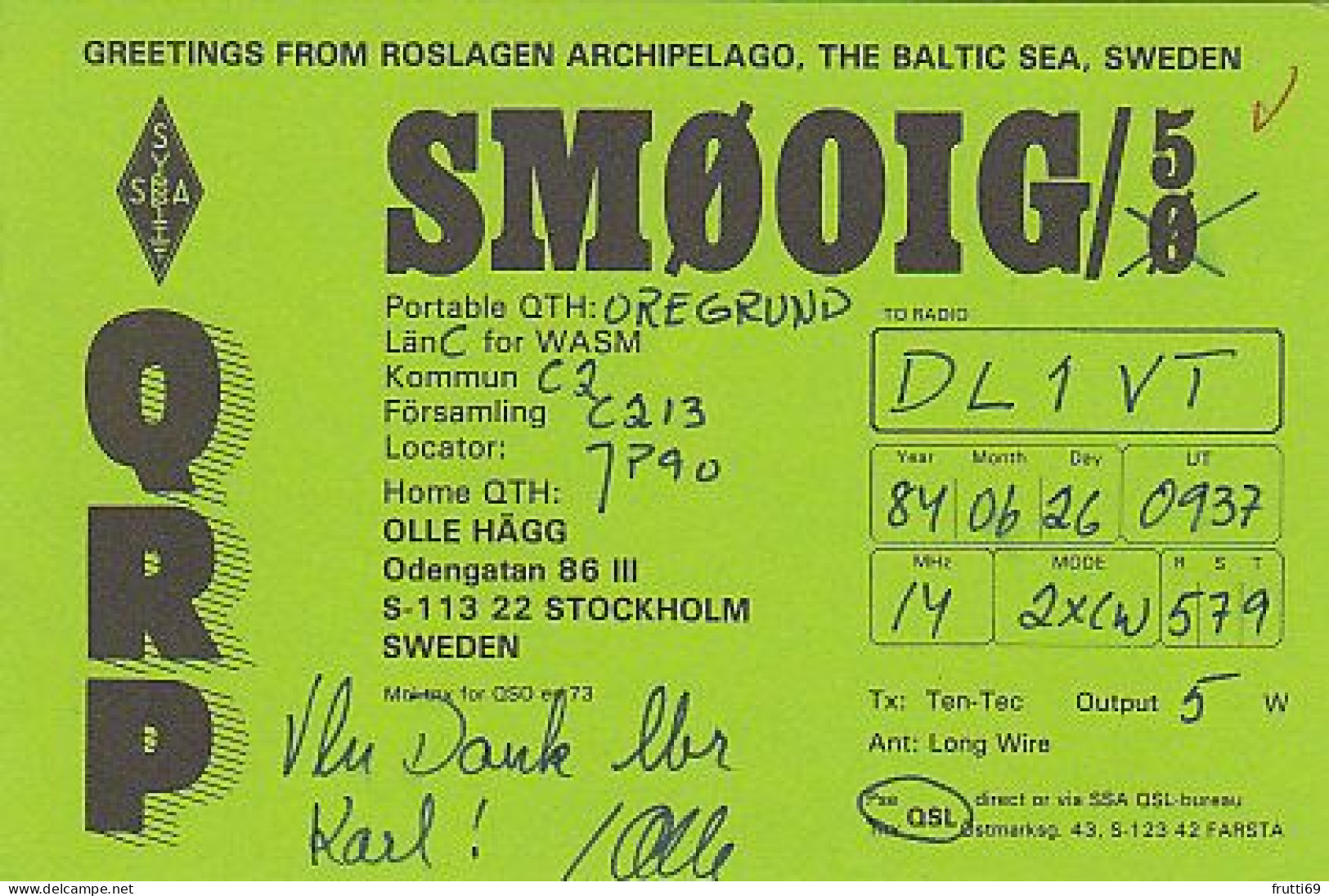 AK 185244 QSL - Sweden - Roslagen Archipelago - Stockholm - Radio Amateur