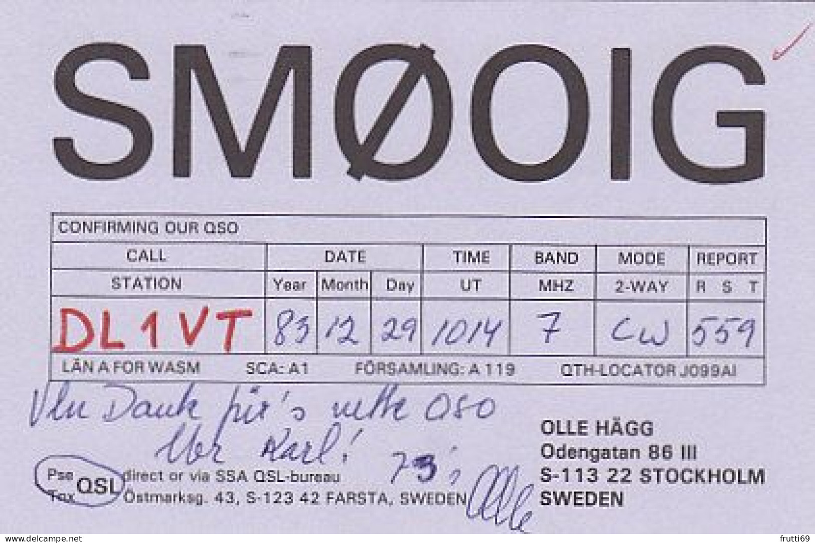 AK 185245 QSL - Sweden - Stockholm - Radio Amateur