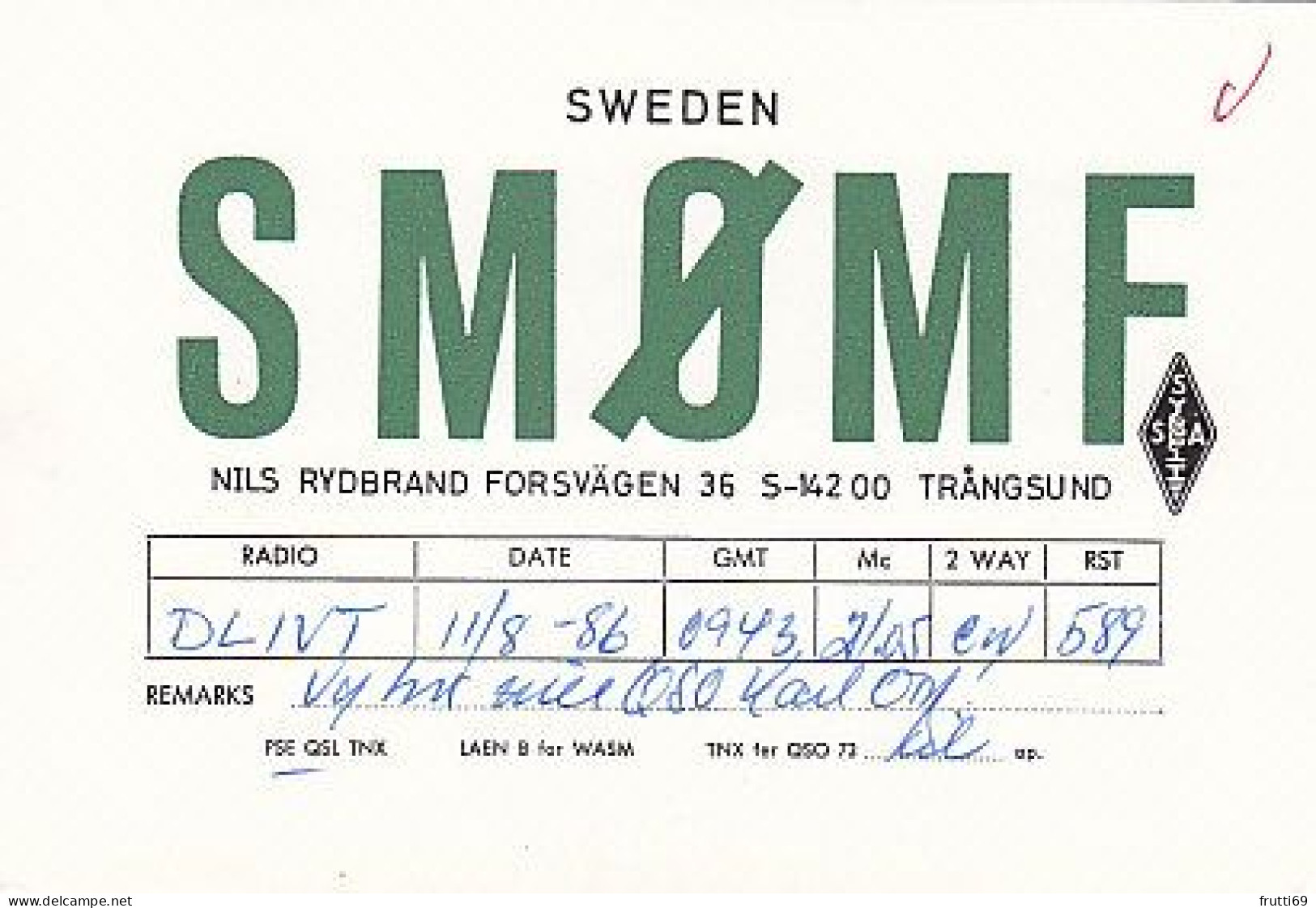 AK 185250 QSL - Sweden - Trangsund - Radio Amateur