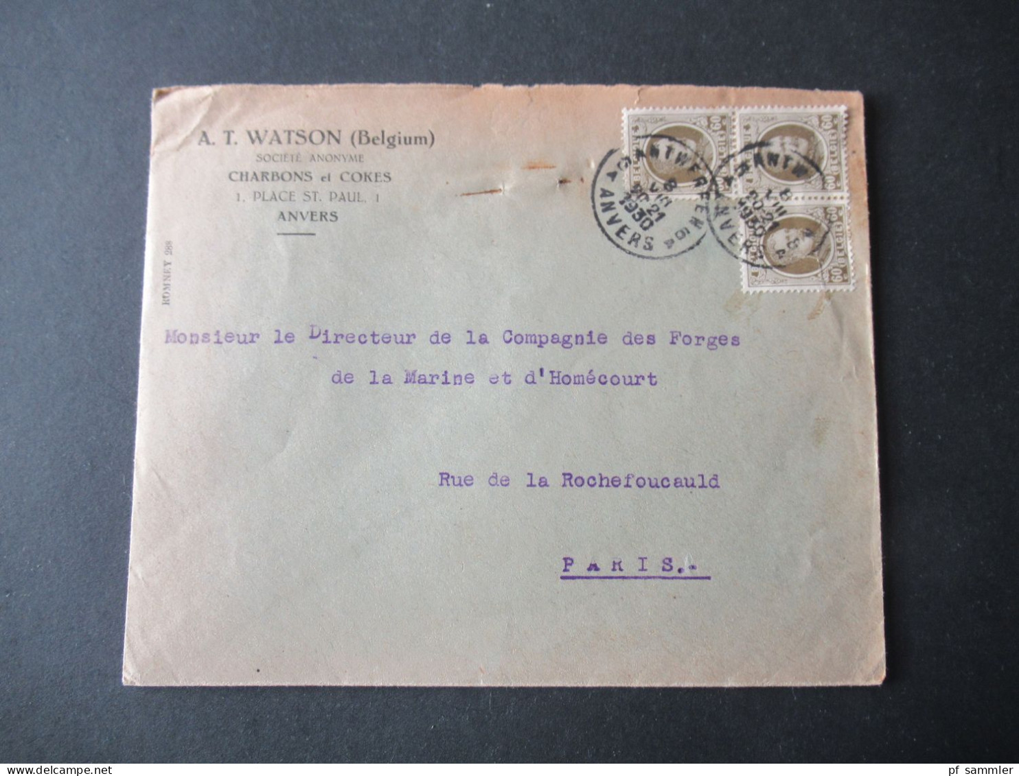 Belgien 1930 MeF Umschlag A.T. Watson (Belgium) Charbons Et Cokes Place St. Paul 1 Anvers Nach Paris Gesendet - Storia Postale