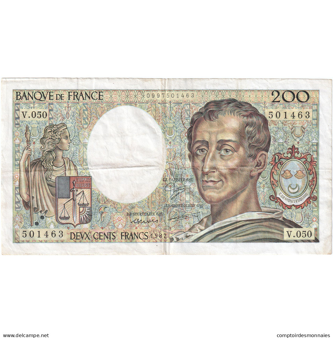 France, 200 Francs, Montesquieu, 1987, V.050, TB+, Fayette:70.07, KM:155b - 200 F 1981-1994 ''Montesquieu''