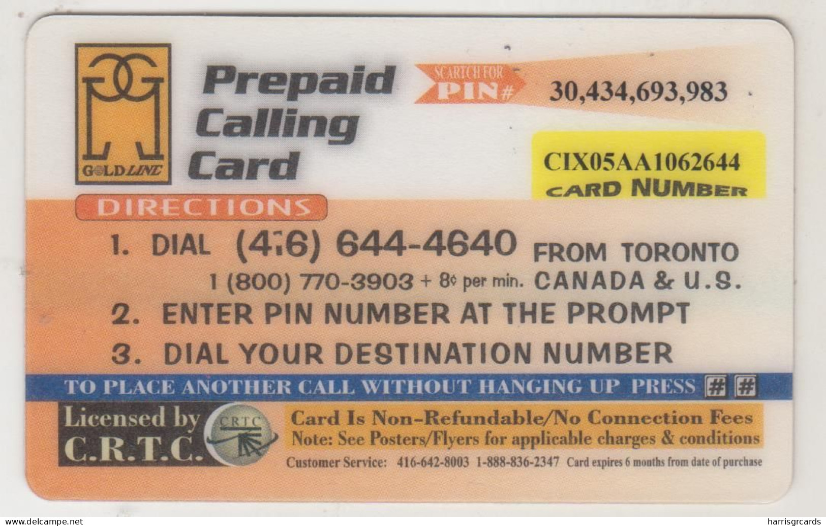 CANADA - Toronto CN Tower (No Connection Fee), Gold Line, Prepaid Card $5, Used - Canada