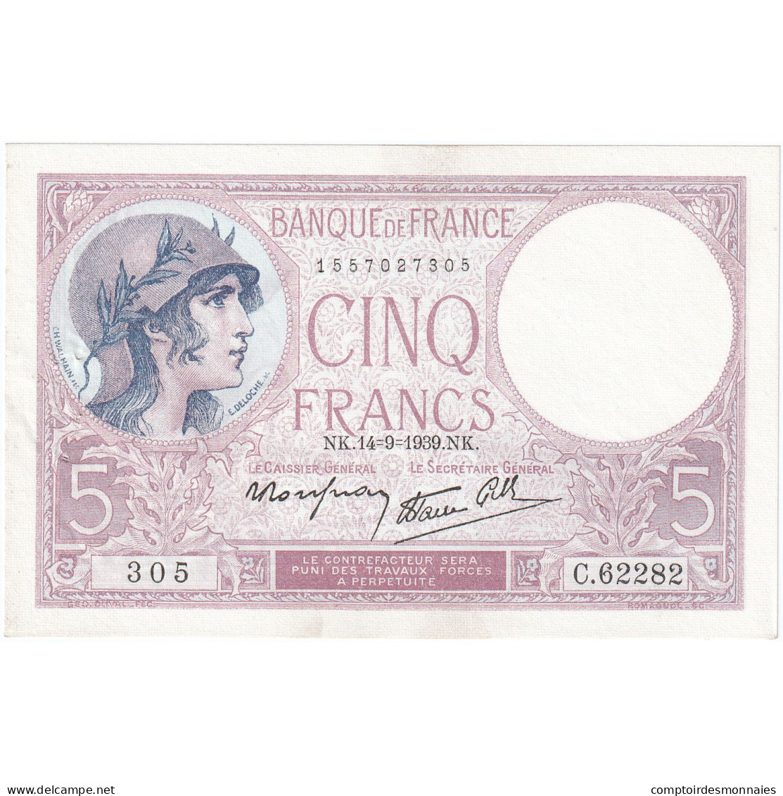 France, 5 Francs, Violet, 1939, C.62282, SUP, Fayette:04.08, KM:83 - 5 F 1917-1940 ''Violet''