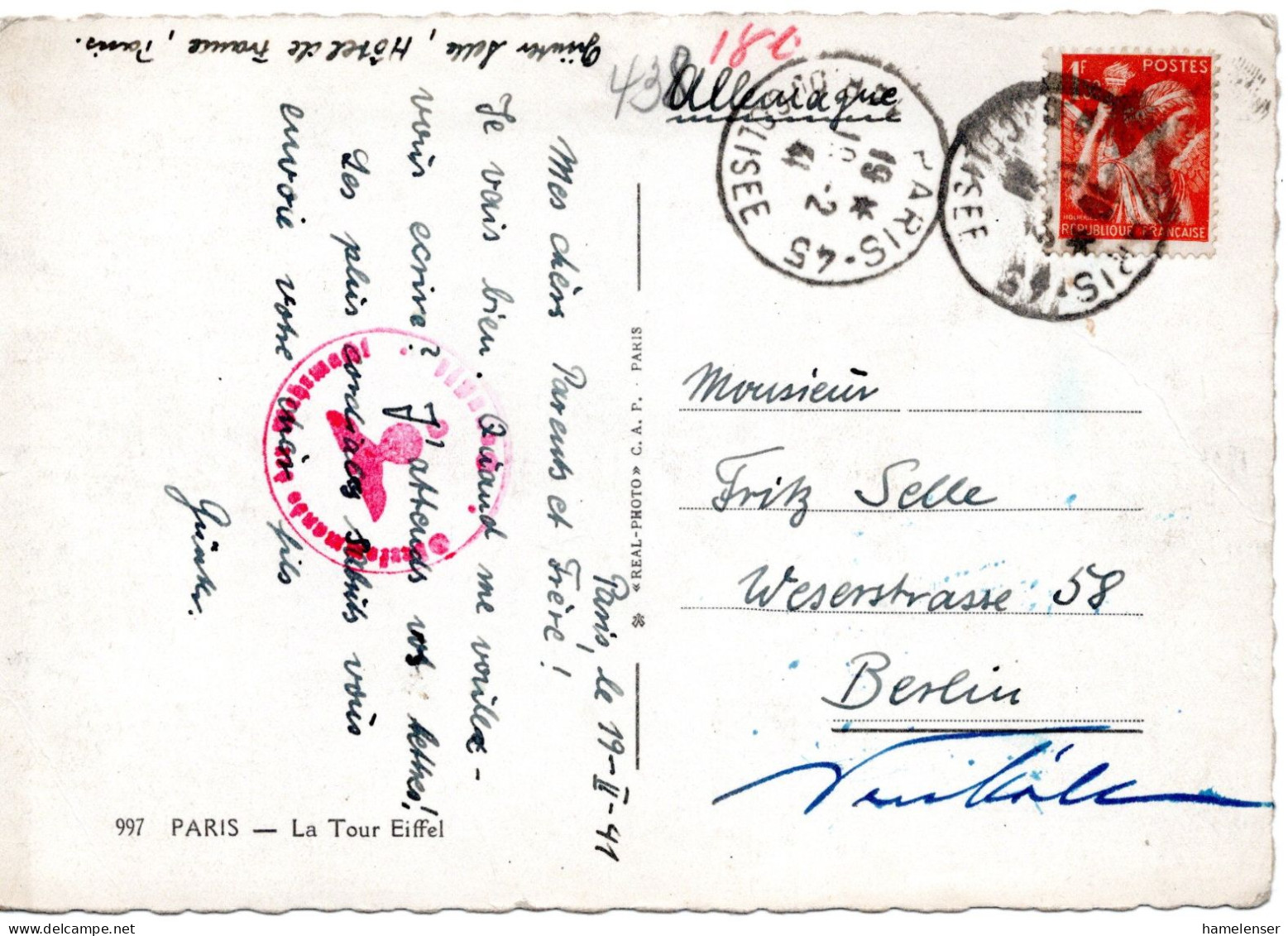 61184 - Frankreich - 1941 - 1F Iris EF A AnsKte PARIS -> Deutschland, M Dt Zensurstpl - 1939-44 Iris