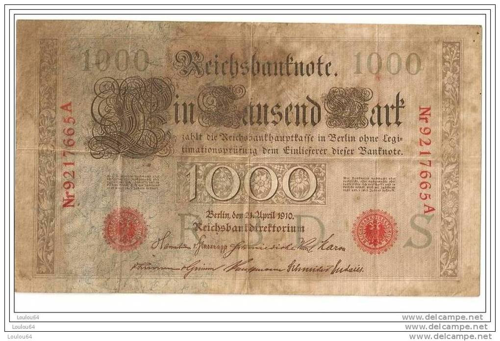 1000 Mark 1910 - N° Nr 9217665 - (rouge) - Empire Allemand - - 1.000 Mark