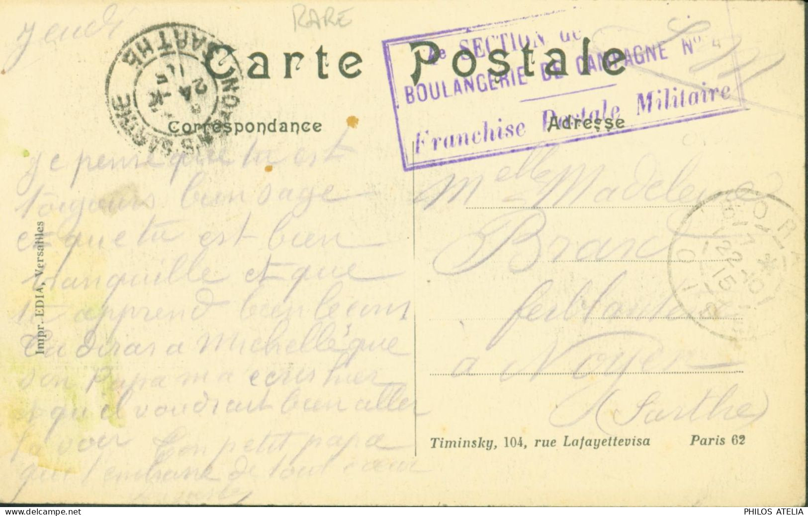 Guerre 14 Cachet 4e Section De ? Boulangerie De Campagne N°4 Franchise Militaire CAD Boran 22 10 15 CP Nogent S/ Oise - Guerre De 1914-18