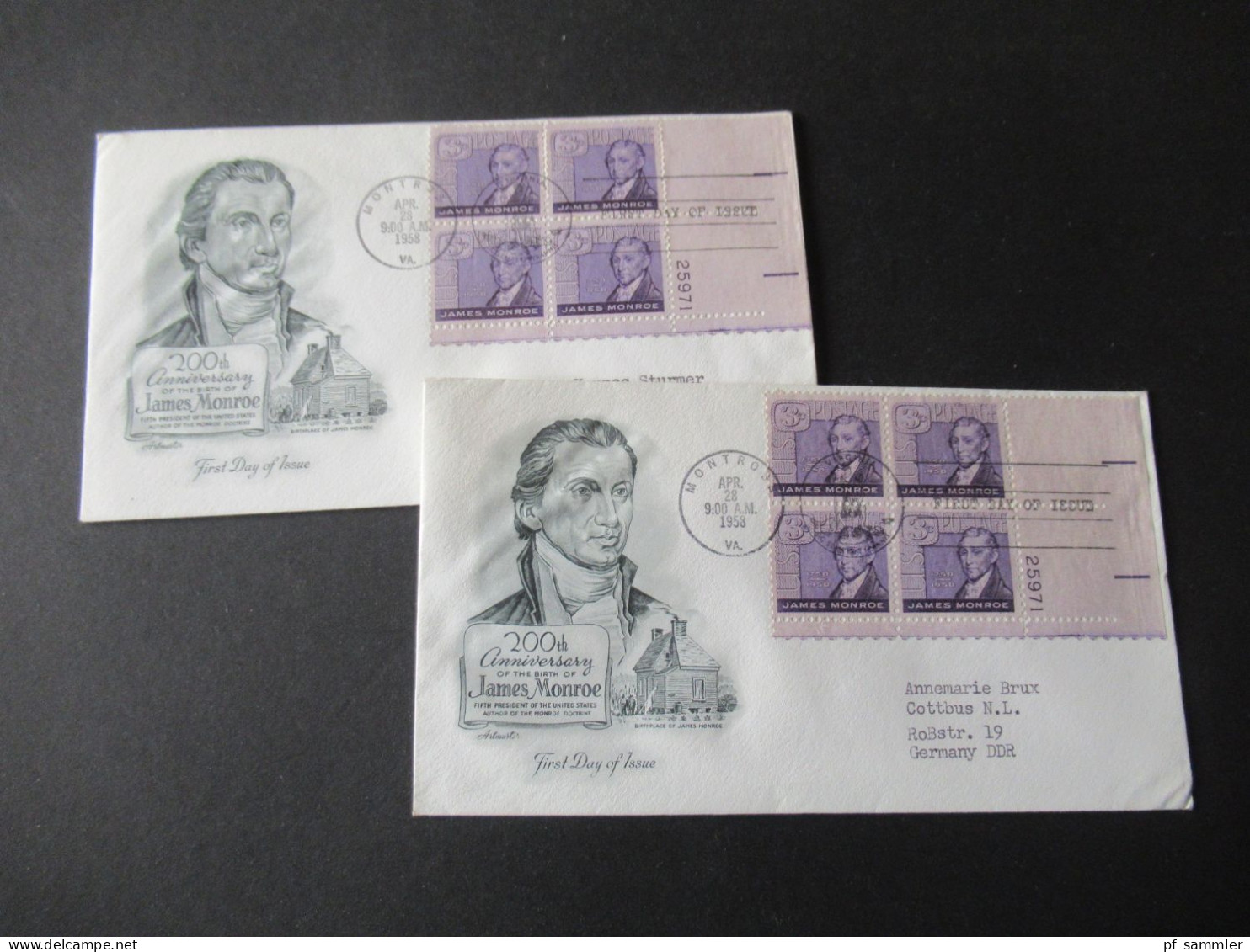 USA 1958 FDC 200th Anniversary James Monroe Als 4er Blck Vom Bogenrand Mit Plattennummer / 2 Belege - Covers & Documents