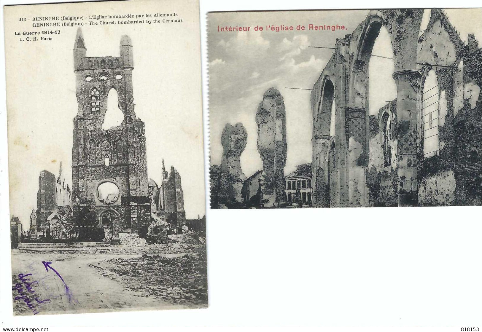Lo-Reninge Reninghe  L'Eglise Bombardée / Intérieure De L'Eglise  2 Kaarten - Lo-Reninge