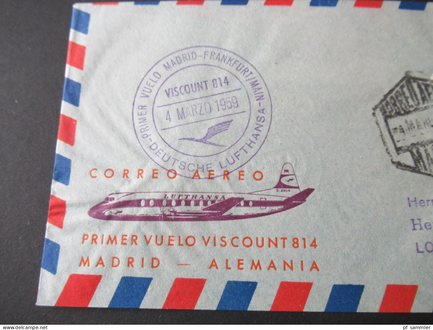 Spanien 1959 Erstflug / First Flight Deutsche Lufthansa Viscount 814 Madrid - Frankfurt - Cartas & Documentos