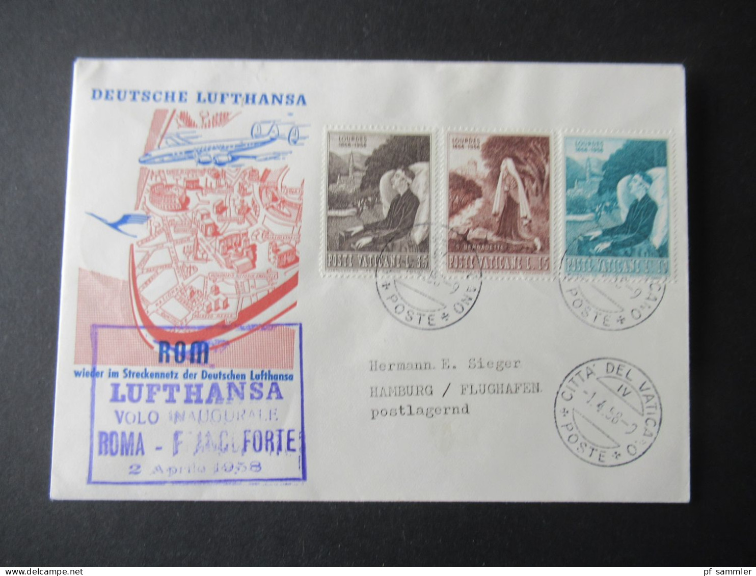 Vatican 1958 Erstflug / First Flight Deutsche Lufthansa Rom - Frankfurt / Sieger Beleg - Briefe U. Dokumente