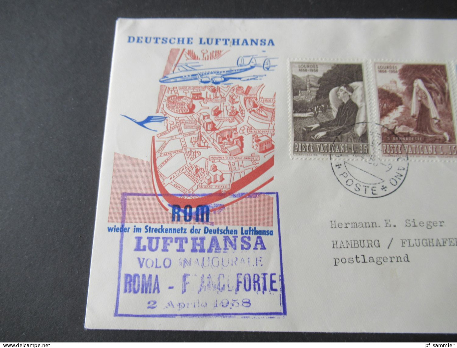 Vatican 1958 Erstflug / First Flight Deutsche Lufthansa Rom - Frankfurt / Sieger Beleg - Brieven En Documenten