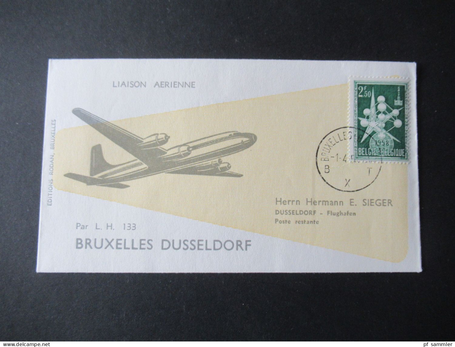 Belgien 1958 Erstflug / First Flight Deutsche Lufthansa LH 133 Bruxelles - Düsseldorf / Hermann E. Sieger Beleg - Briefe U. Dokumente