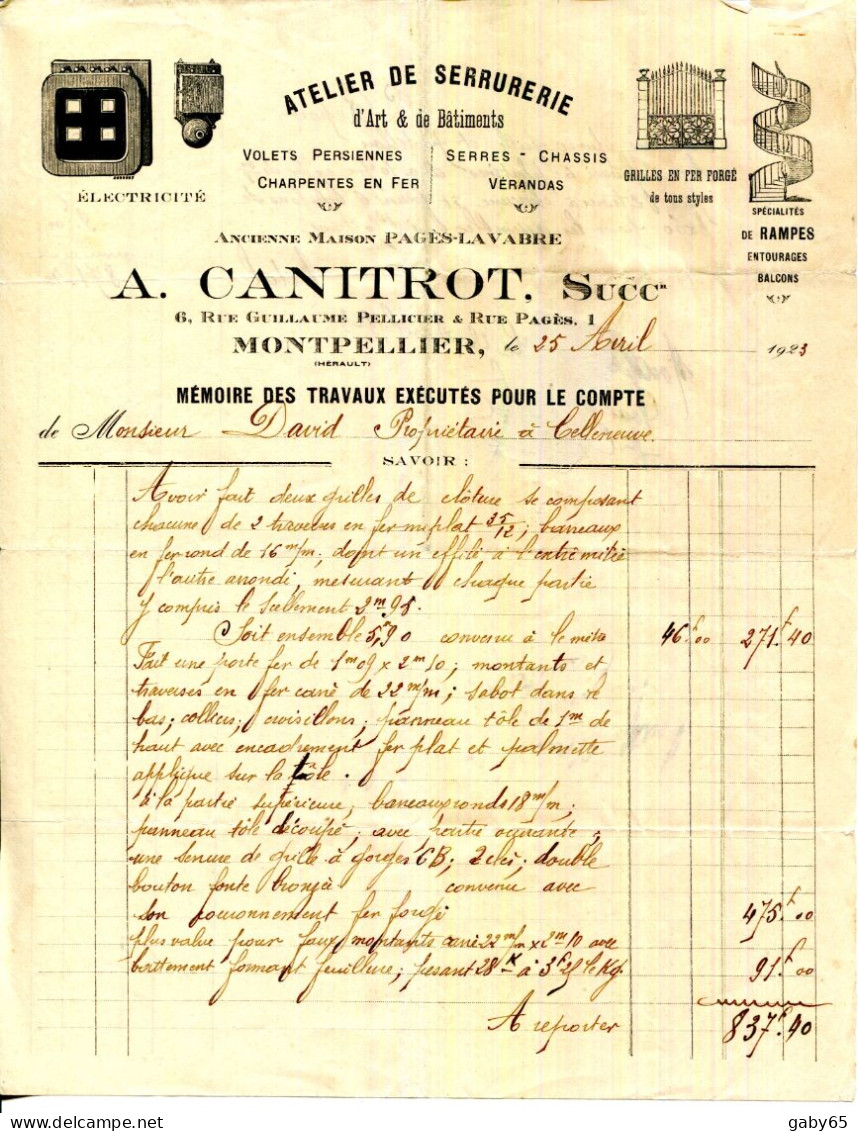 FACTURE.34.MONTPELLIER.ATELIER DE SERRURERIE D'ART & DE BATIMENTS.ELECTRICITE.A.CANITROT 6 RUE GUILLAUME & 1 RUE PAGES. - Old Professions