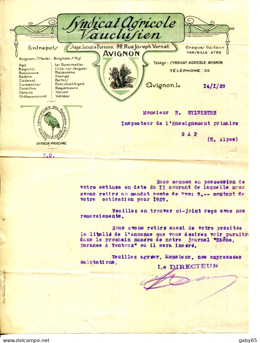 FACTURE.84.AVIGNON.SYNDICAT AGRICOLE VAUCLUSIEN 92 RUE JOSEPH VERNET. - Agricultura