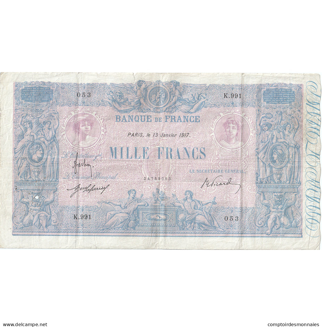 France, 1000 Francs, Bleu Et Rose, 1917-01-13, K.991, TB - 1 000 F 1889-1926 ''Bleu Et Rose''